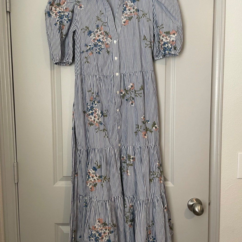 Veronica Beard Blue & White Striped Floral Tie-Waist Midi Dress - Picture 2 of 3